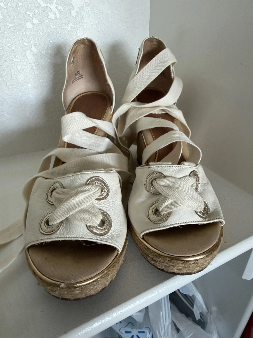 Sperry White and Gold Leather Lace-Up Espadrille Wedge Sandals